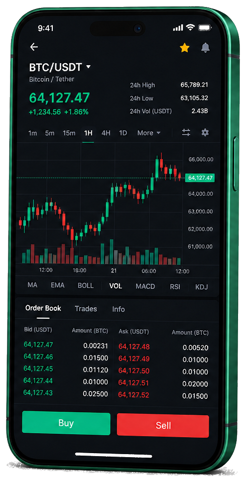 Interface mobile de trading Marketique GPT — cours BTC/USDT en temps réel, carnet d’ordres et outils de suivi des transactions